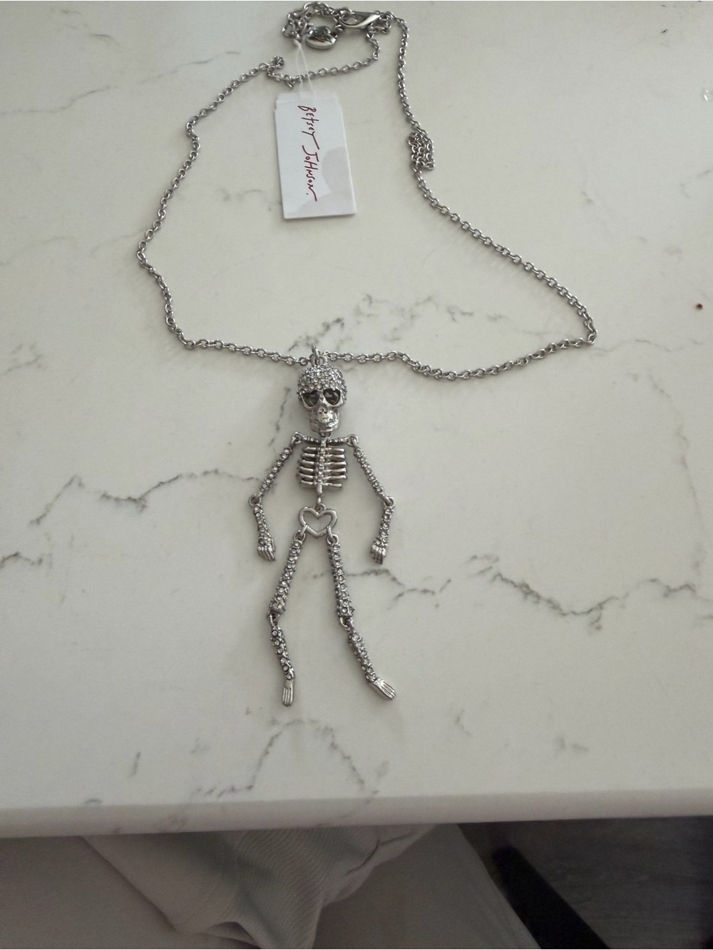 Betsey Johnson Silver Crystal Skeleton Charm Necklace